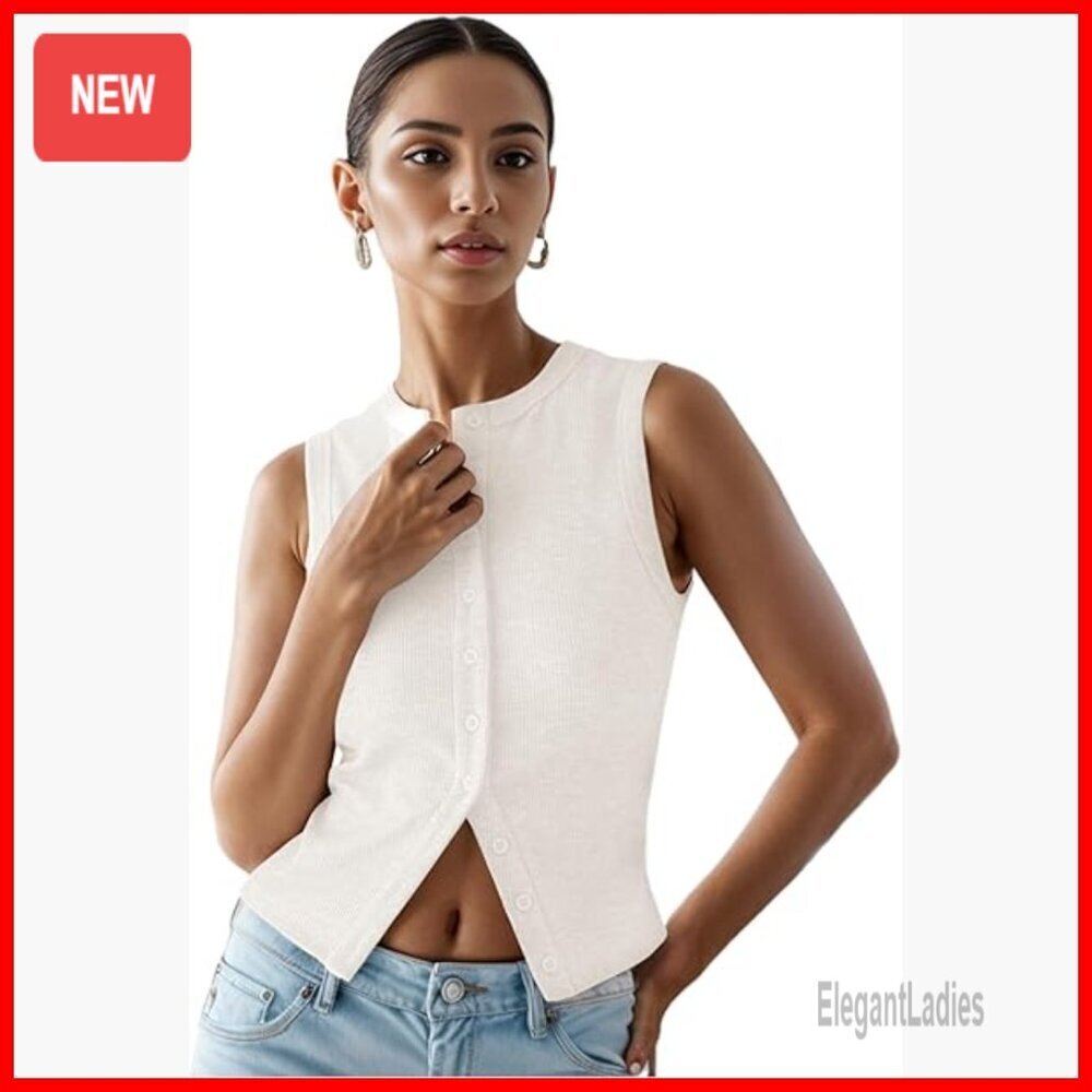 Ribbed Button Down Tank Top Slim Fit Crop Top Sleeveless Vest